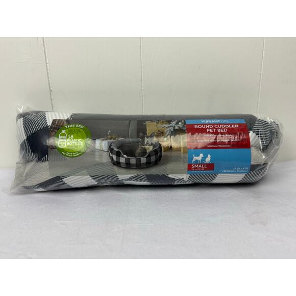 Vibrant Life Round Cuddler Small Dog / Cat Bed Black and White Plaid 19"x6", NIB - Picture 2 of 7
